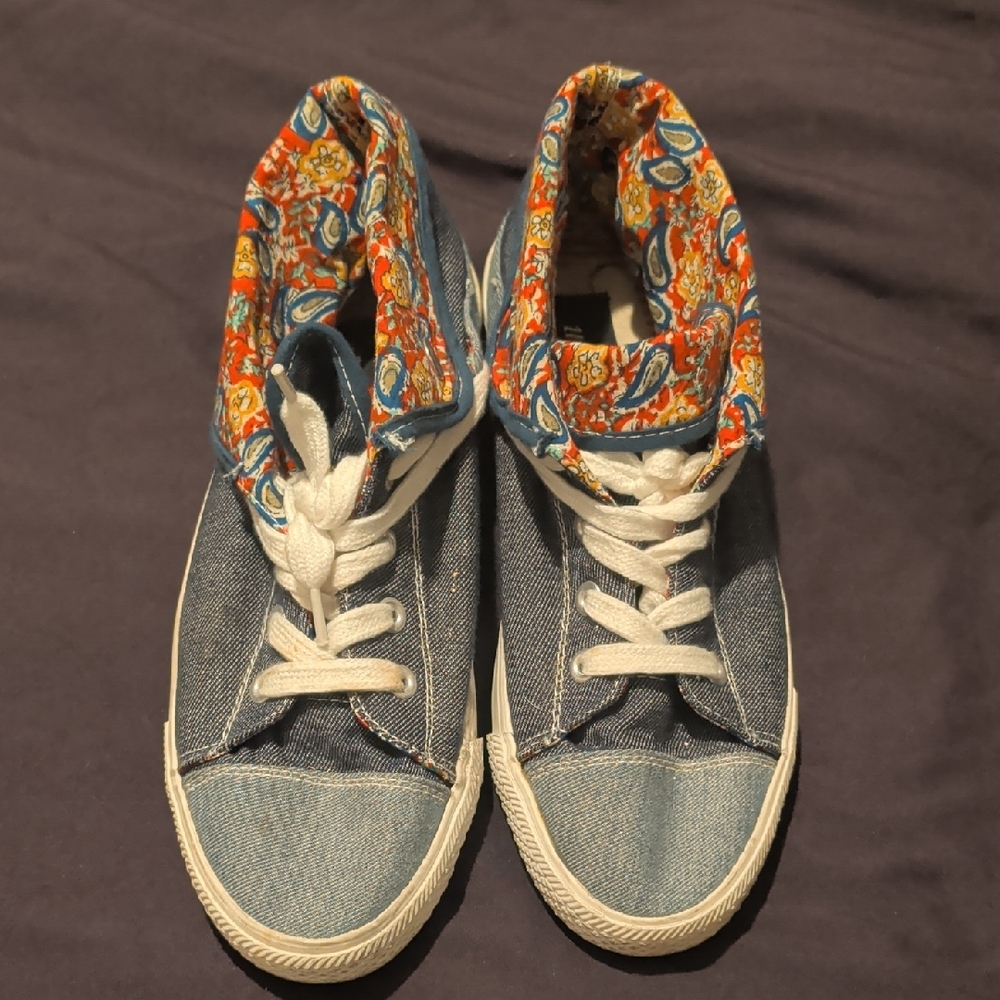 Denim High-Top Sneakers with Floral Lining